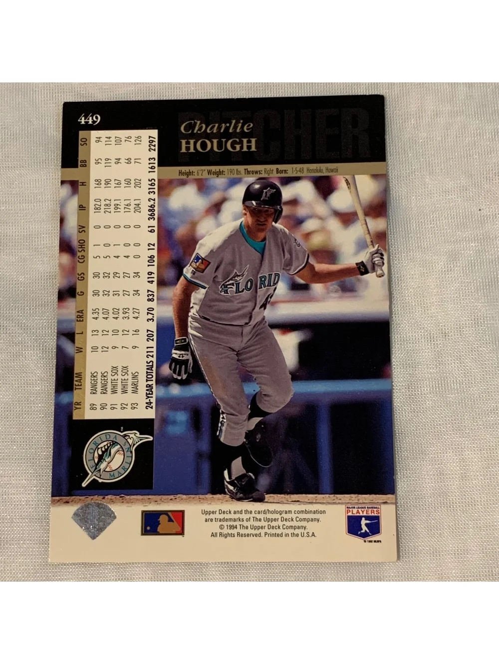 1994 Upper Deck #449 Charlie Hough Florida Marlins CHEER Insert Card